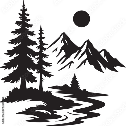 Mountain, Tree And Brids silhouette Vector | Minimalist & Trendy Mountain, Tree And Brids Silhouette Design | Unique & Stylish Mountain, Tree And Brids Artwork for Vector design