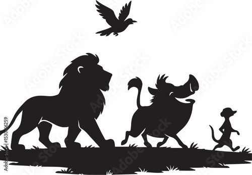African Safari Animal Silhouette with Lion and Wild Animals at Sunset
