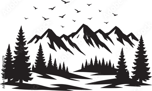 Mountain, Tree And Brids silhouette Vector | Minimalist & Trendy Mountain, Tree And Brids Silhouette Design | Unique & Stylish Mountain, Tree And Brids Artwork for Vector design