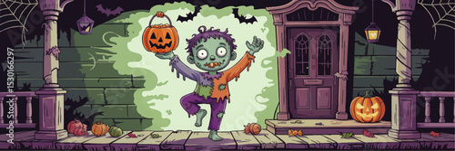 Cute Cartoon Zombie Kid Trick or Treating on Halloween Night, Spooky Porch With Pumpkins, Bats, and Glowing Jack O’ Lantern