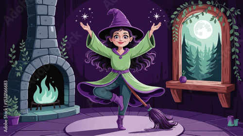 Enchanted Young Witch Practicing Magic Indoors – Cartoon Vector Illustration with Broom, Fireplace, and Full Moon Window