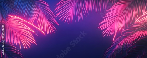 Neon pink and blue palm leaves in a dark background.