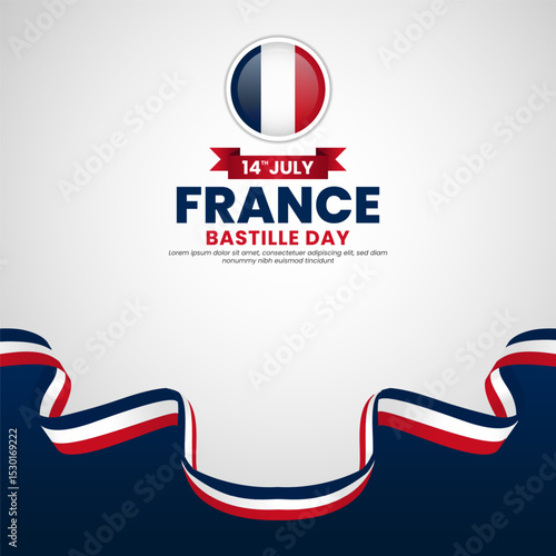 France bastille day greeting card, square banner background with warving ribbon flag