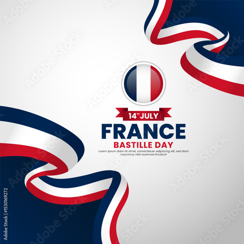 France bastille day greeting card, square banner background with warving ribbon flag