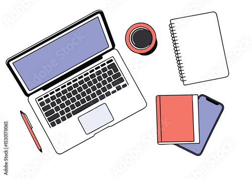 Flat Illustration of Office Desk with Laptop and Work Essentials