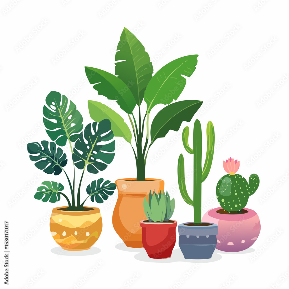 Indoor Plants Collection Monstera, Fiddle Leaf Fig, Snake Plant, Cactus, and More in Colorful Ceramic Pots – Vector Illustration Indoor Plants Collection Monstera, Fiddle Leaf Fig, Snake Plant, Cactus, and More in Colorful Ceramic Pots – Vector Illustration