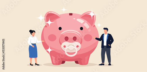 Child care expense planning, spending on having a baby or financial budget for kids concept, smart parent new father and mother with baby piggybank with teether metaphor of savings for kids.