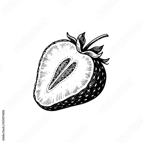 Hand-drawn illustration of a halved strawberry.