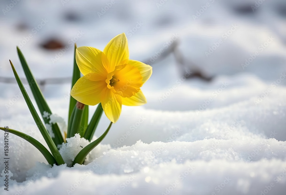 Fototapeta premium A tenacious daffodil bravely pushes through melting snow, its yellow bloom a beacon of spring, bloom, image