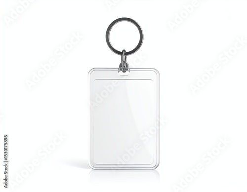 Mockup of a blank clear acrylic keychain with metal keyring, displayed on a clean white
