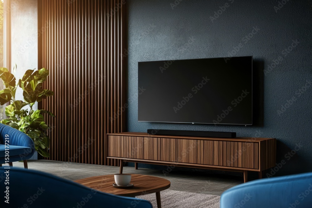 Fototapeta premium Stylish mockup showcasing a large TV on an elegant cabinet.