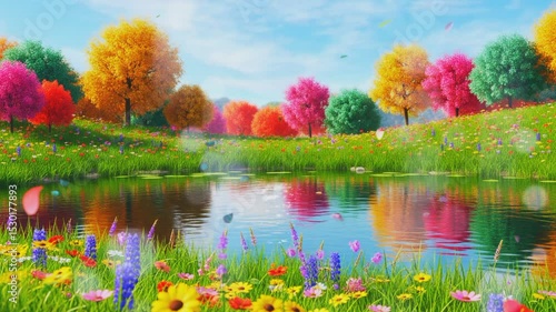 colorful spring landscape with lake, flowers field,river and butterflies 