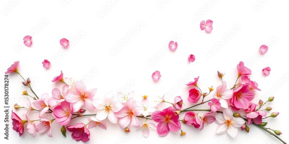 Fototapeta premium Elegant floral arrangement, blossoms artfully scattered on pristine white backdrop, spring, flatlay