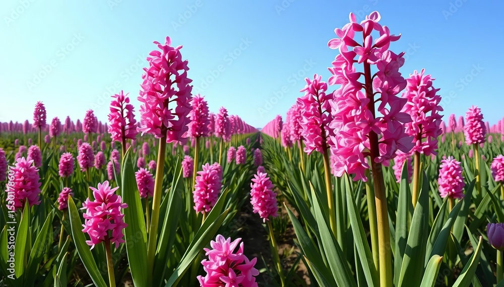 Fototapeta premium Endless field of vibrant pink hyacinths stretching to a clear sky, bright, countryside