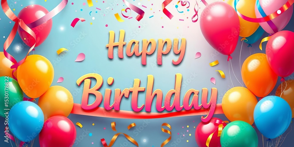 Festive colorful happy birthday banner template with ribbons and balloons, artwork, downloadable Festive colorful happy birthday banner template with ribbons and balloons, artwork, downloadable