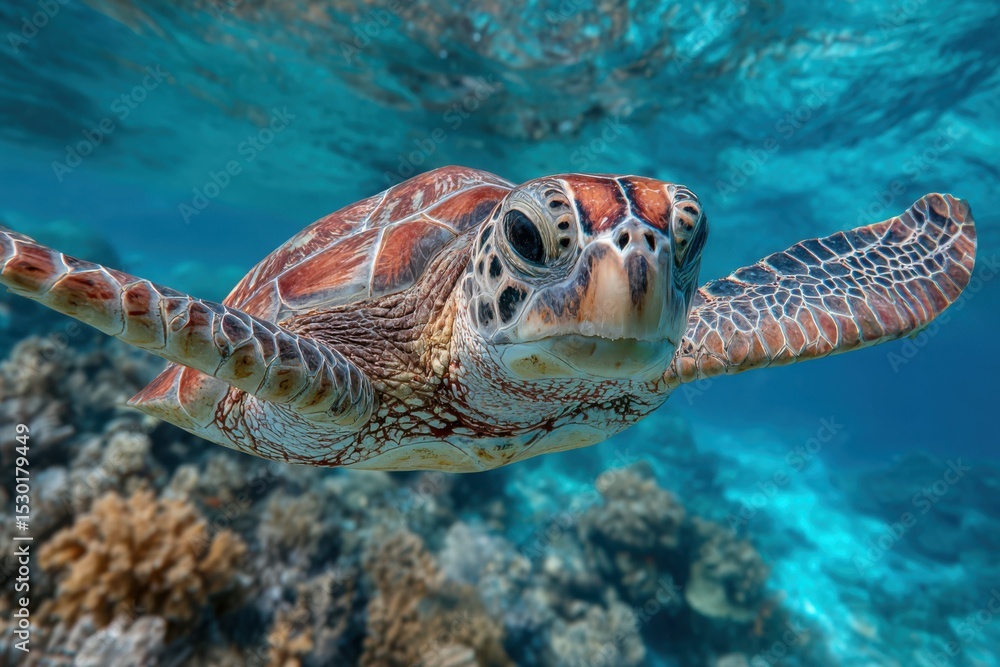 Fototapeta premium Close-up portrait of a majestic green sea turtle swimming in clear blue ocean water near coral reef