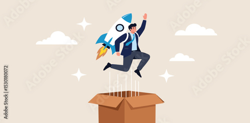 Think outside the box, creativity and innovation to change new ideation for business solution, leadership or inspiration for career success, businessman launch from open box with rocket booster
