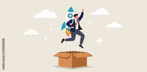Think outside the box, creativity and innovation to change new ideation for business solution, leadership or inspiration for career success, businessman launch from open box with rocket booster
