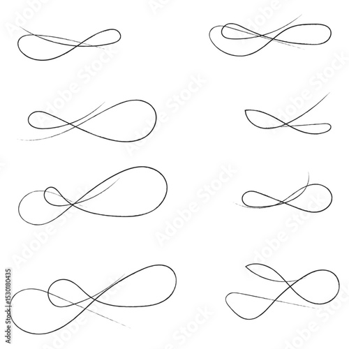 Hand drawn of curly swishes Set, swashes and swoops. Vector thin underline text tails. Hand drawn calligraphy pen curved lines and curls. Calligraphy swirl. Underline typography tail shapes