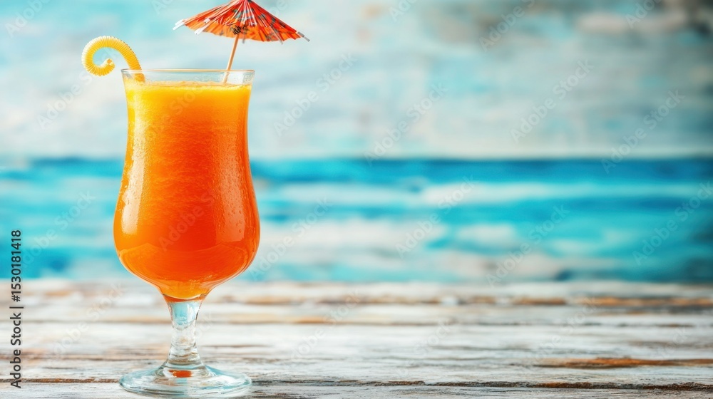 Obraz premium Orange Tropical Drink in tall glass, beachy backdrop