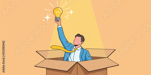 Think outside the box, creativity to create different business idea or motivation and innovation concept, smart businessman get out of paper box with new illumination lightbulb idea. 