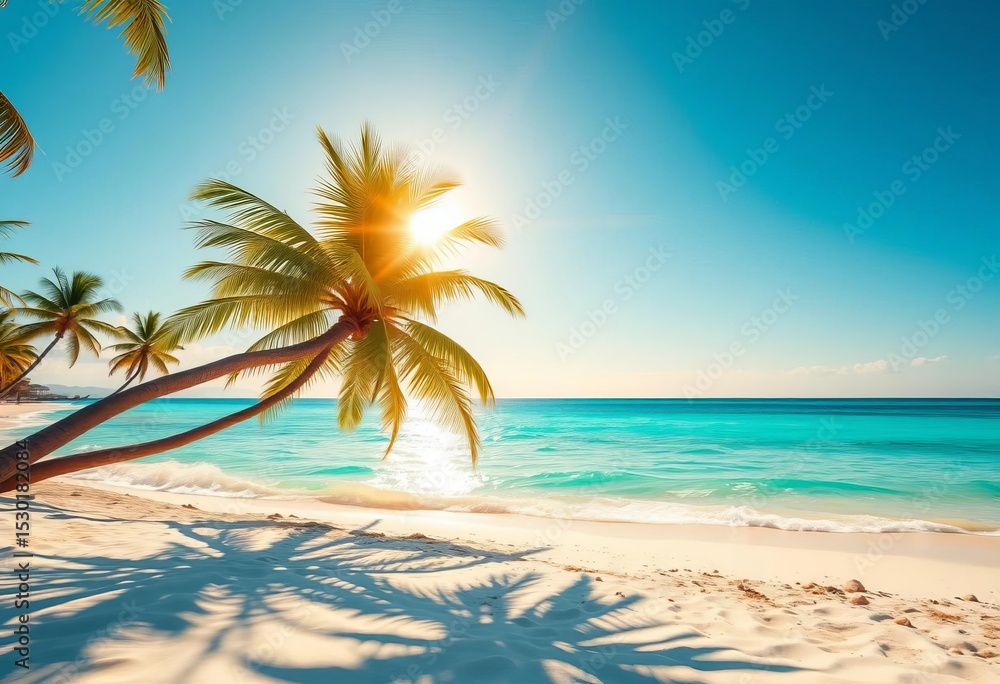 Sun-drenched beach, turquoise water, leaning palm trees, soft sand, idyllic, beautiful Sun-drenched beach, turquoise water, leaning palm trees, soft sand, idyllic, beautiful