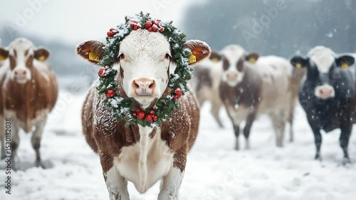 Festive cattle adornment in snowy pasture scene capturing winter holidays