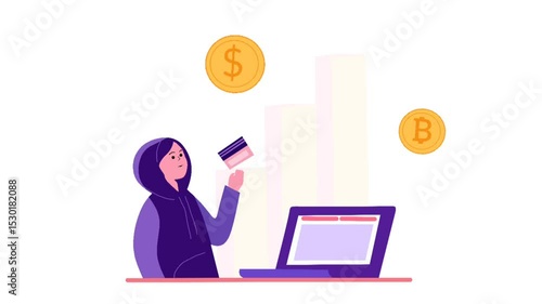 Animated video of a person in a hoodie holding a credit card in front of a laptop, with rising bar chart and floating cryptocurrency icons. Concept of cybercrime, online transactions, digital finance,