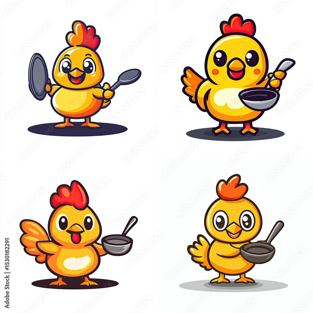 Fototapeta premium Adorable Cartoon Chicken Chefs Preparing Meals with Kitchen Utensils Vector Art