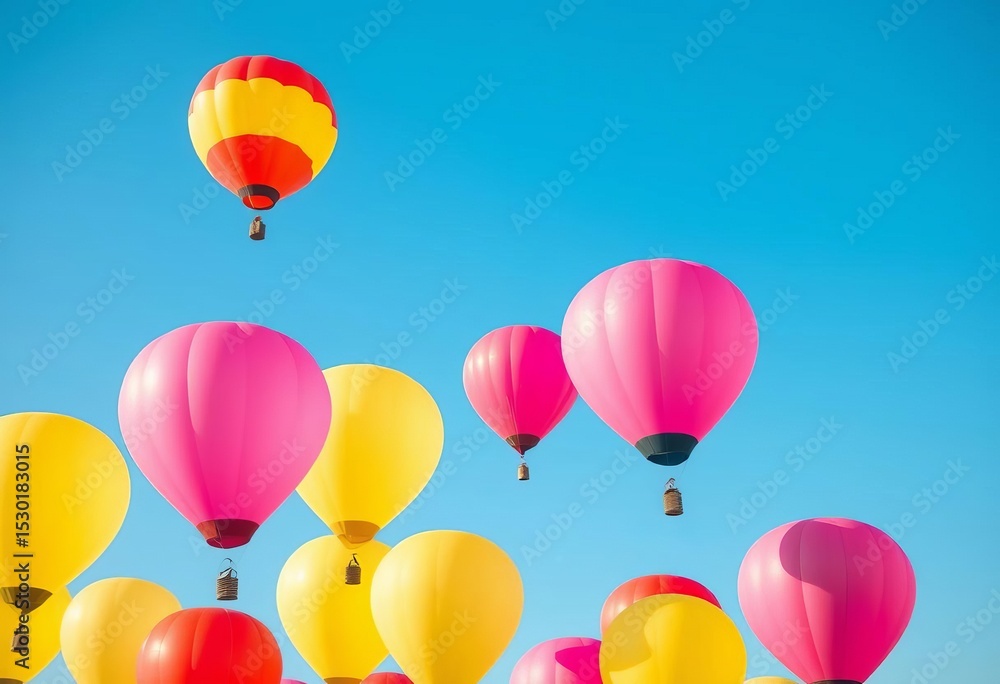 Vibrant helium balloons float against a clear blue sky, abstract, joy Vibrant helium balloons float against a clear blue sky, abstract, joy