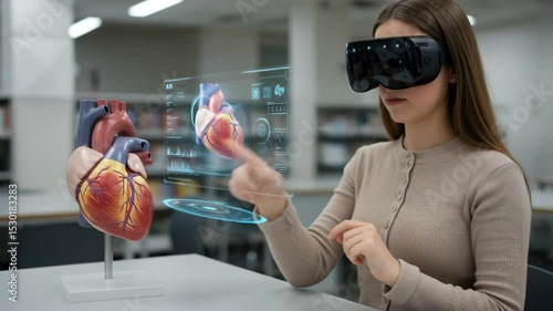 Woman wearing VR headset interacts with virtual heart model and data using augmented reality futuristic screen.