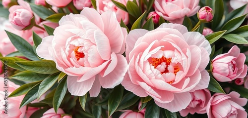 Watercolor peony blossoms, lush leaves, soft pastel hues, romantic floral background,  summer,  pink