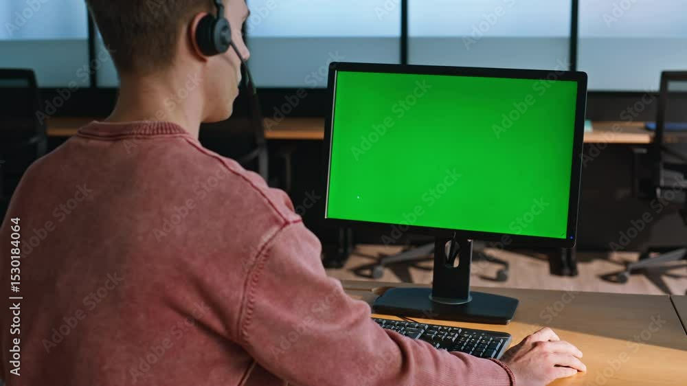 Call center mockup computer at workplace closeup. Man service operator talking