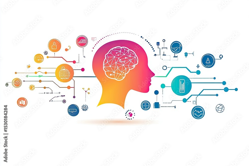 Obraz premium Human Brain and Technology Interface Connecting to Information, Illustration