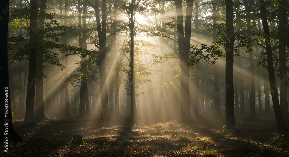 Fototapeta premium Sunlight Streaming Through Green Forest with Mist and Shadows