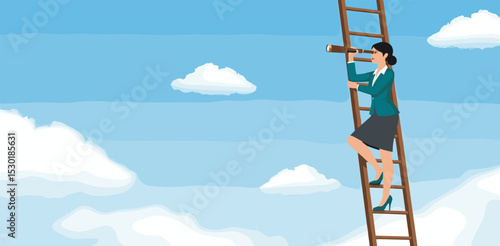 Woman leadership, new diversity world directed by lady leader concept, confidence executive businesswoman company or country leader standing on ladder of success using telescope for future vision.k