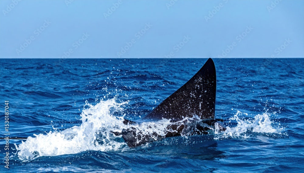 Fototapeta premium The dorsal fin of a shark cuts through the surface of the ocean water