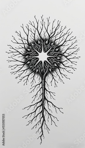 Wallpaper Mural A detailed black and white illustration of a tree with interwoven branches forming a star-like shape at the top and roots extending downward. Torontodigital.ca