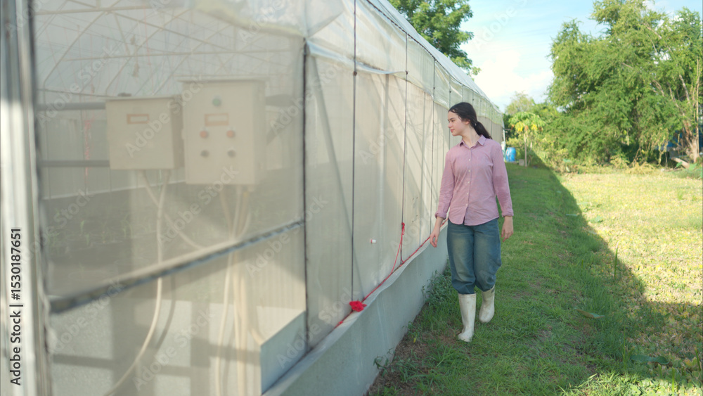Fototapeta premium Young people examining plants in a greenhouse, learning about sustainable farming