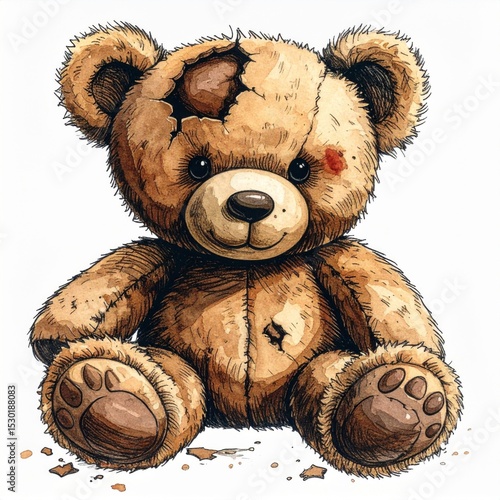 Worn Brown Teddy Bear with Patches on White Background