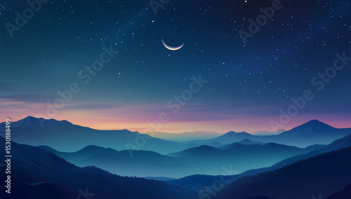 A crescent moon over a mountainous desert landscape with a starry night sky. The night sky with stars and a crescent moon over the mountains, a blue color background