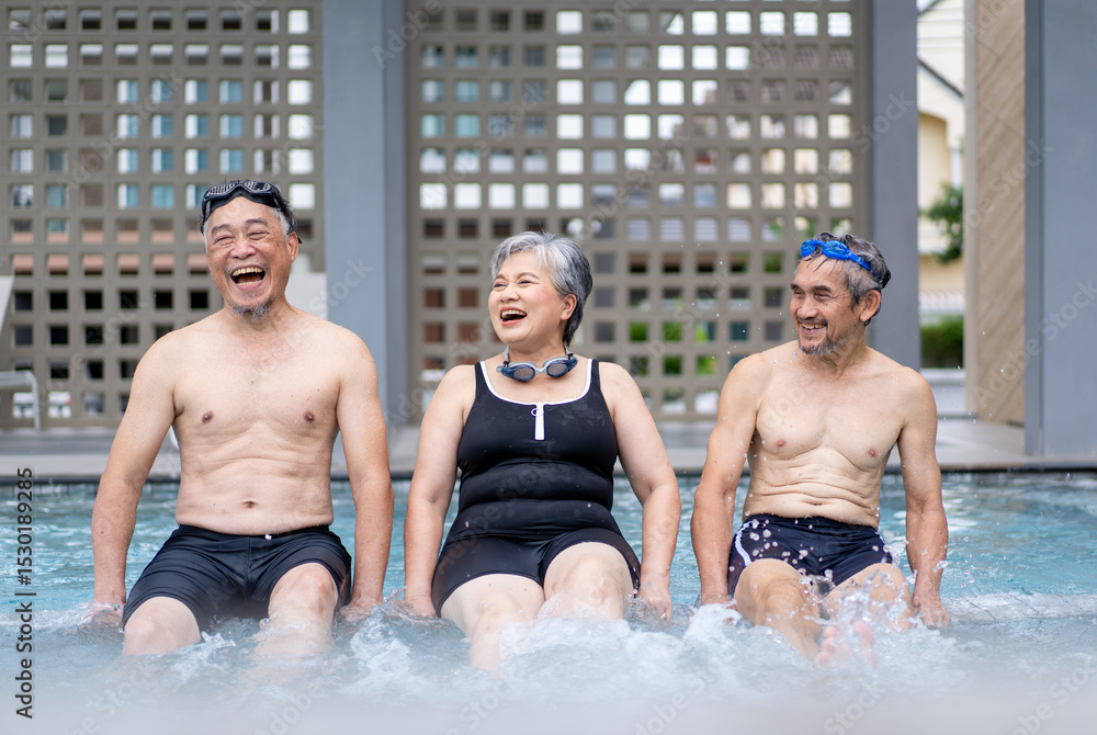Fototapeta premium senior asian people exercising physical therapy at sport club swimming pool, active adult enjoy summer vacation happy retirement, elderly man travel with friends wellness life healthy lifestyle