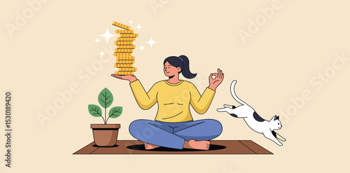 Passive income getting money while doing nothing, financial independence retire early, being wealthy by passive investing concept, young woman sitting relax getting stack of money coins in her hand