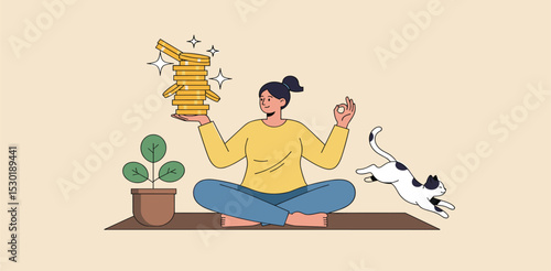 Passive income getting money while doing nothing, financial independence retire early, being wealthy by passive investing concept, young woman sitting relax getting stack of money coins in her hand