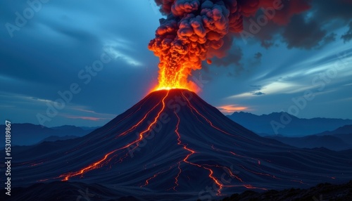 ultra realistic 8k high resolution image of a volcano erupting at twilight, deep blue sky contrasted with glowing orange lava, cinematic color grading