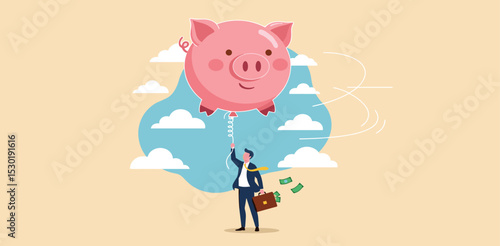 Financial freedom or financial independence concept, wealthy rich businessman floating high in the sky with piggy bank balloon.