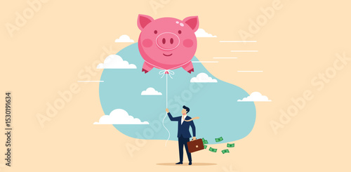 Financial freedom or financial independence concept, wealthy rich businessman floating high in the sky with piggy bank balloon.