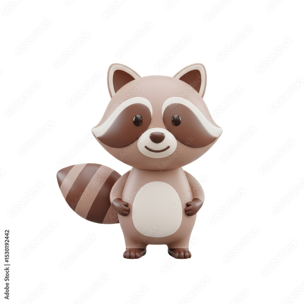 Naklejka premium Cute Cartoon Raccoon Toy with Big Eyes Standing on White Background