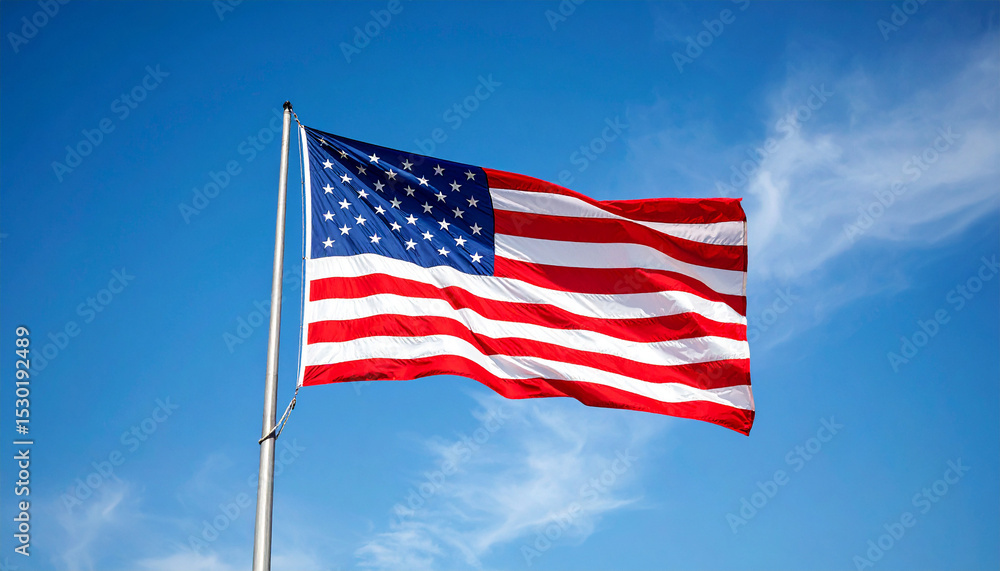 Obraz premium American Flag in the Sky: A vibrant American flag gracefully waves against a vivid blue sky dotted with fluffy clouds, evoking feelings of patriotism and national pride.