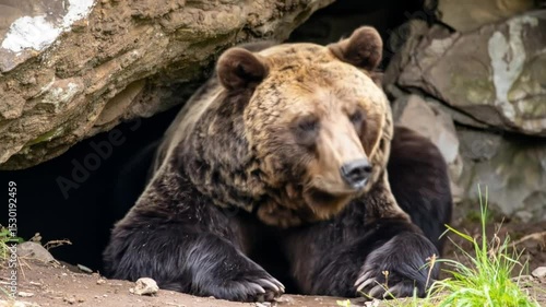Brown bear resting in a cave